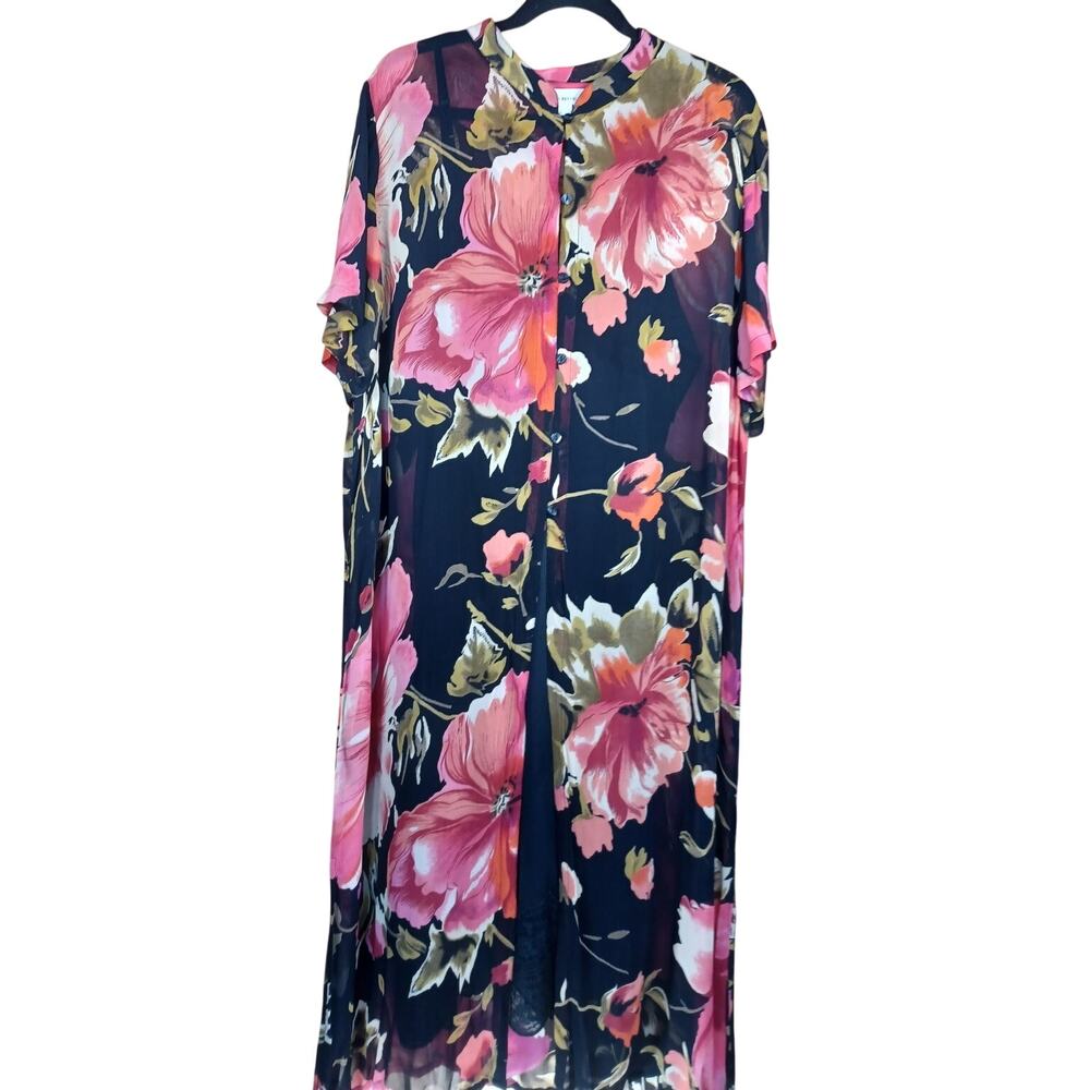 Avenue Plus Size 18/20 Sheer Black Orange Floral Button Front Maxi Duster Dress - Picture 3 of 11